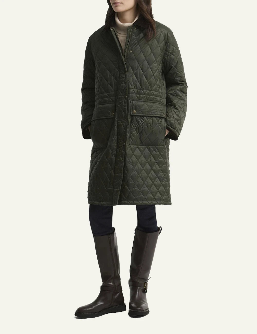Women's Barbour dark khaki long quilted coat with brown corduroy collar and front pockets model