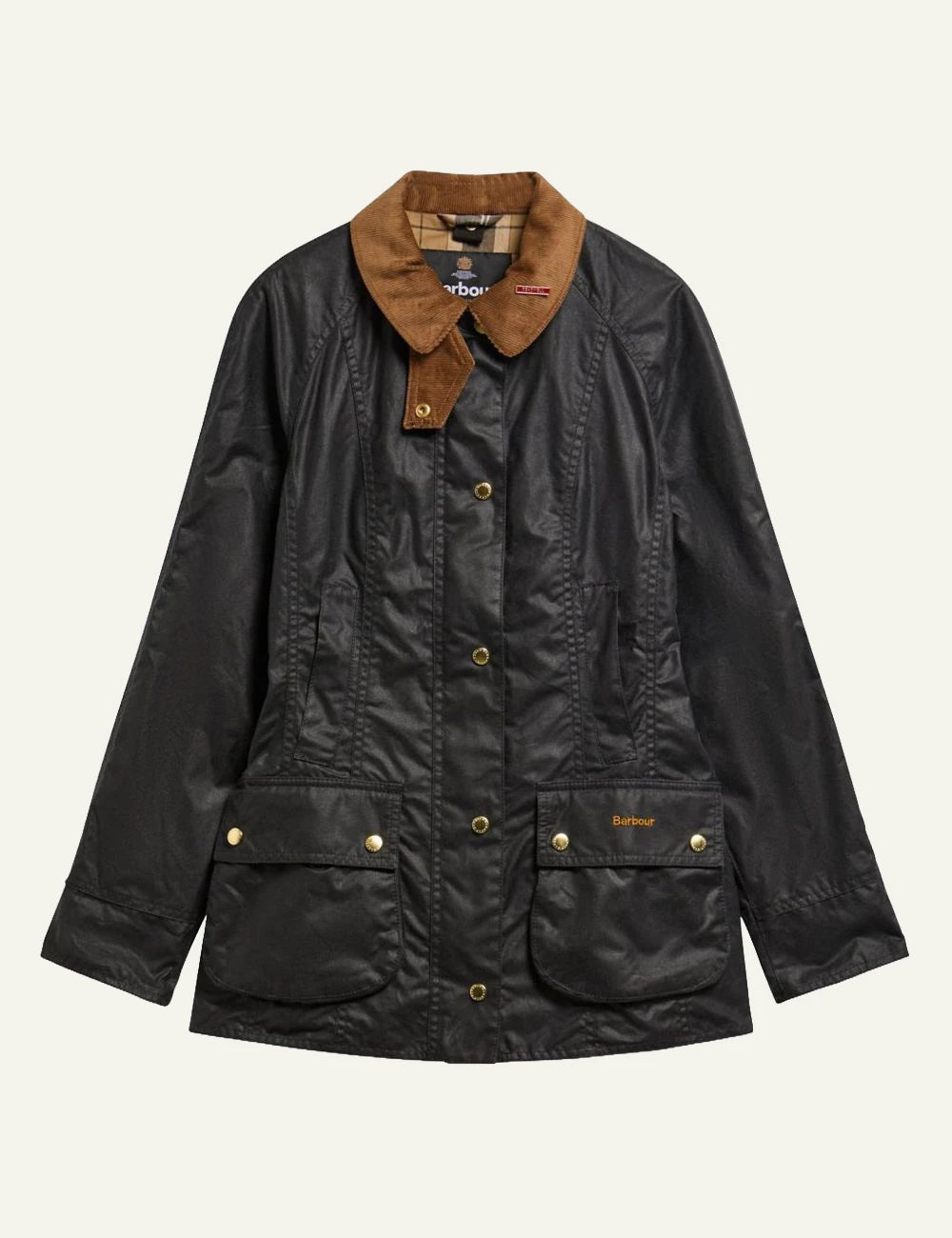 Women's Barbour dark navy waxed cotton jacket with brown corduroy collar and gold-tone buttons