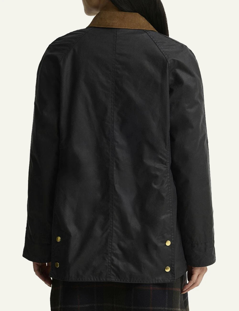 Women's Barbour dark navy waxed cotton jacket with brown corduroy collar and gold-tone buttons back