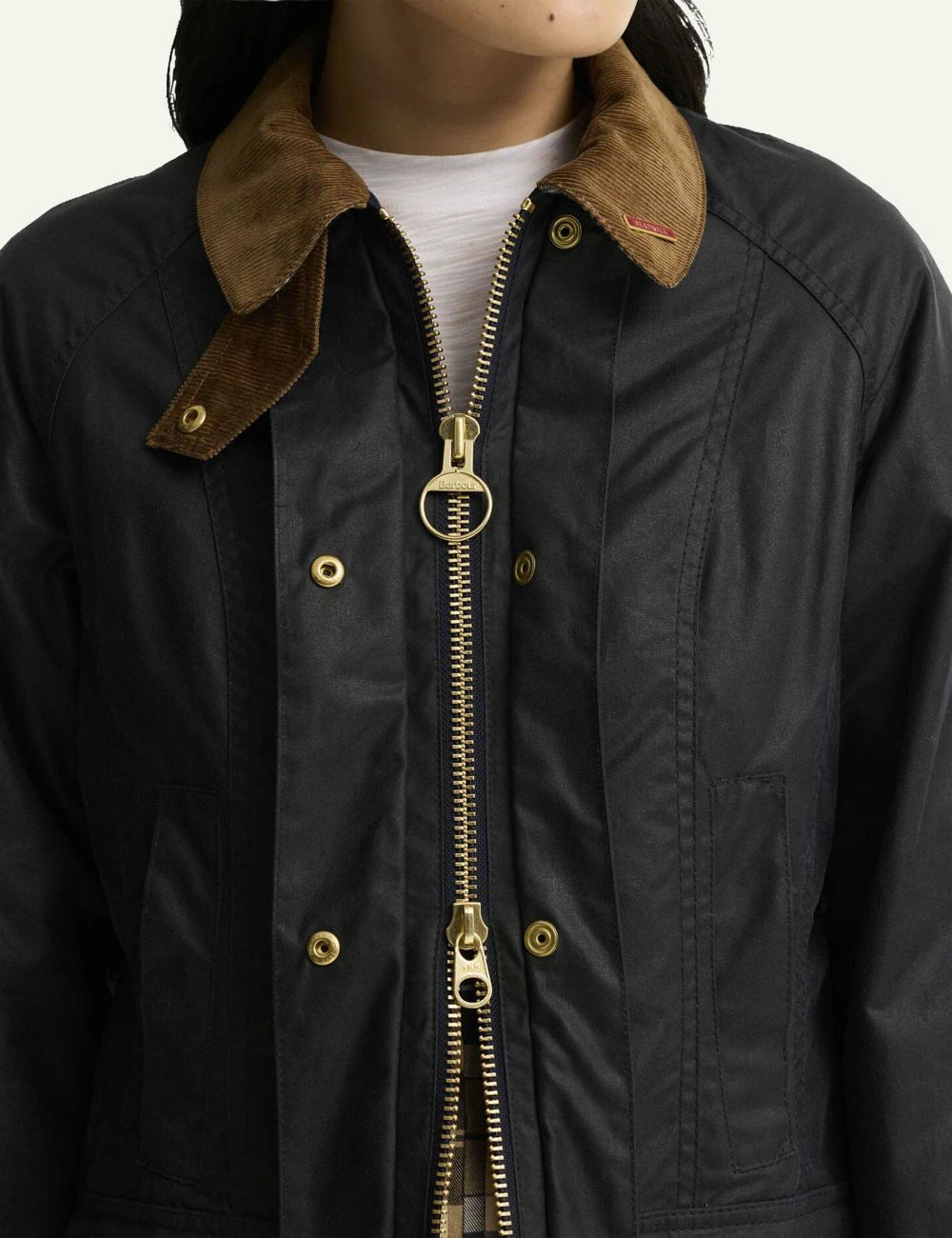 Women's Barbour dark navy waxed cotton jacket with brown corduroy collar and gold-tone buttons detail