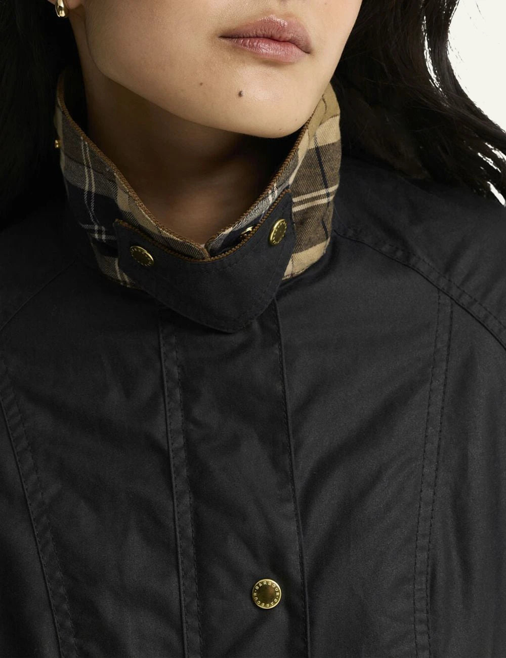 Women's Barbour dark navy waxed cotton jacket with brown corduroy collar and gold-tone buttons details