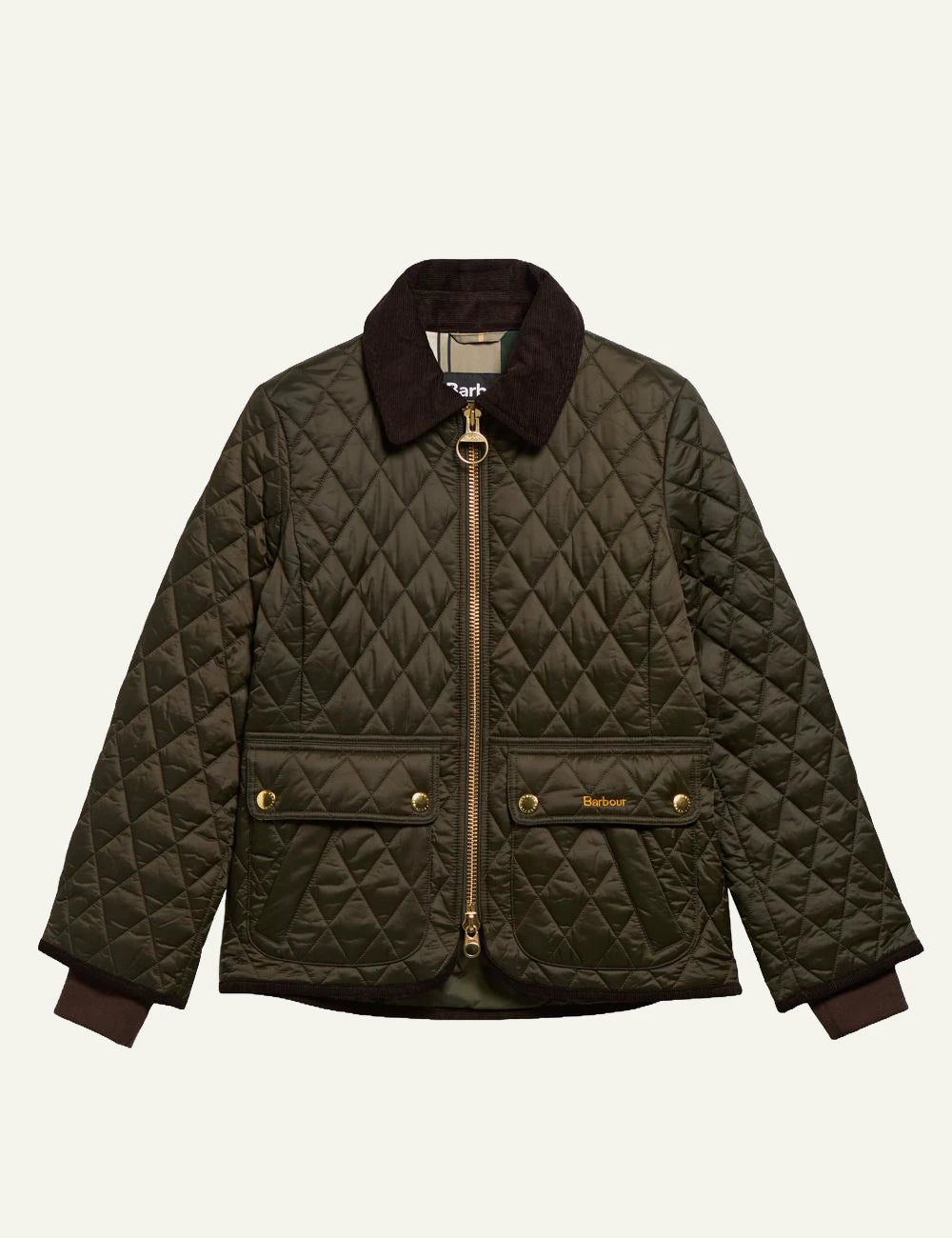 Women's Barbour dark olive fitted quilted jacket with brown corduroy collar and gold-tone zip