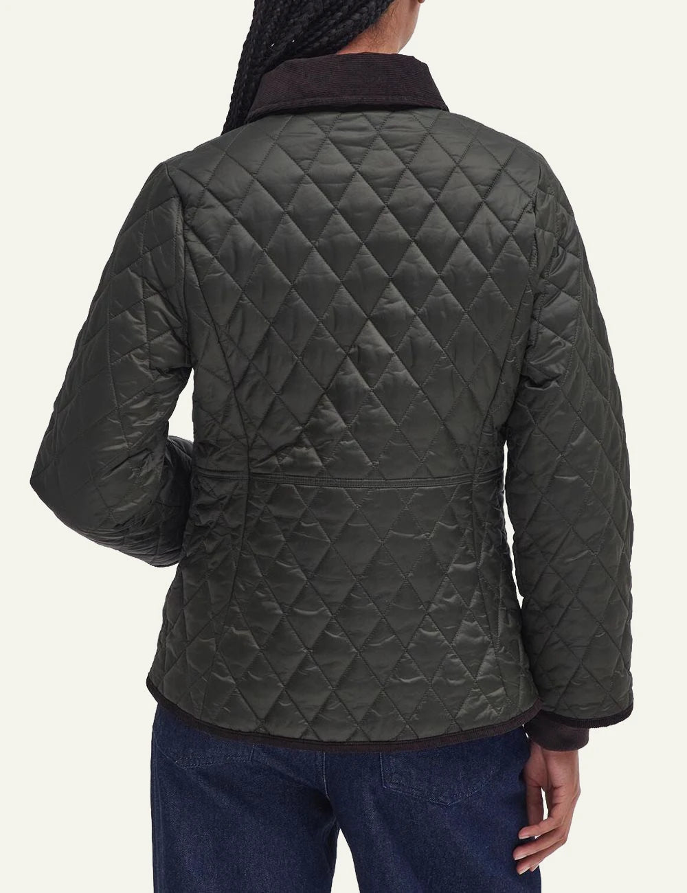 Women's Barbour dark olive fitted quilted jacket with brown corduroy collar and gold-tone zip back