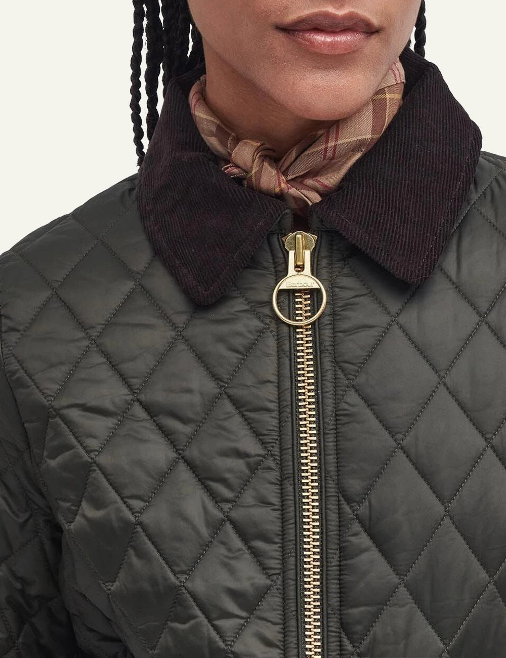 Women's Barbour dark olive fitted quilted jacket with brown corduroy collar and gold-tone zip detail