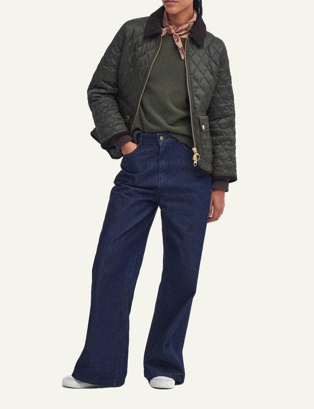 Women's Barbour dark olive fitted quilted jacket with brown corduroy collar and gold-tone zip full body