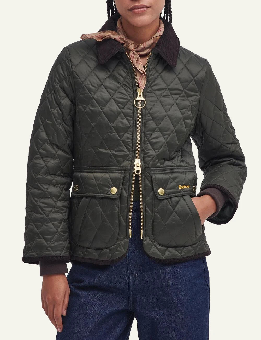 Women's Barbour dark olive fitted quilted jacket with brown corduroy collar and gold-tone zip model