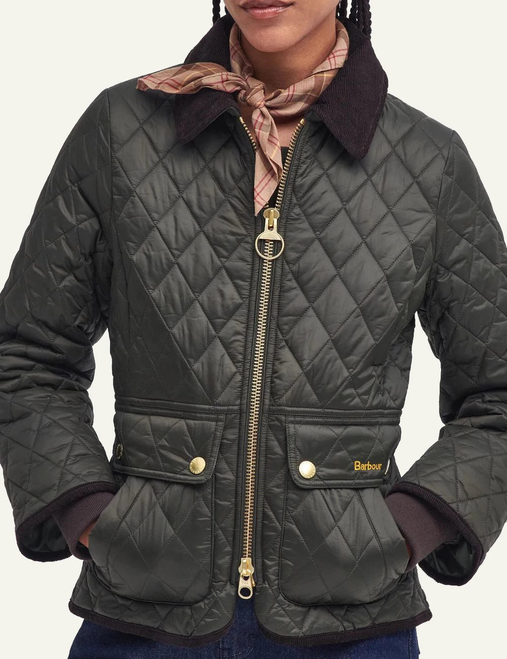 Women's Barbour dark olive fitted quilted jacket with brown corduroy collar and gold-tone zip detail