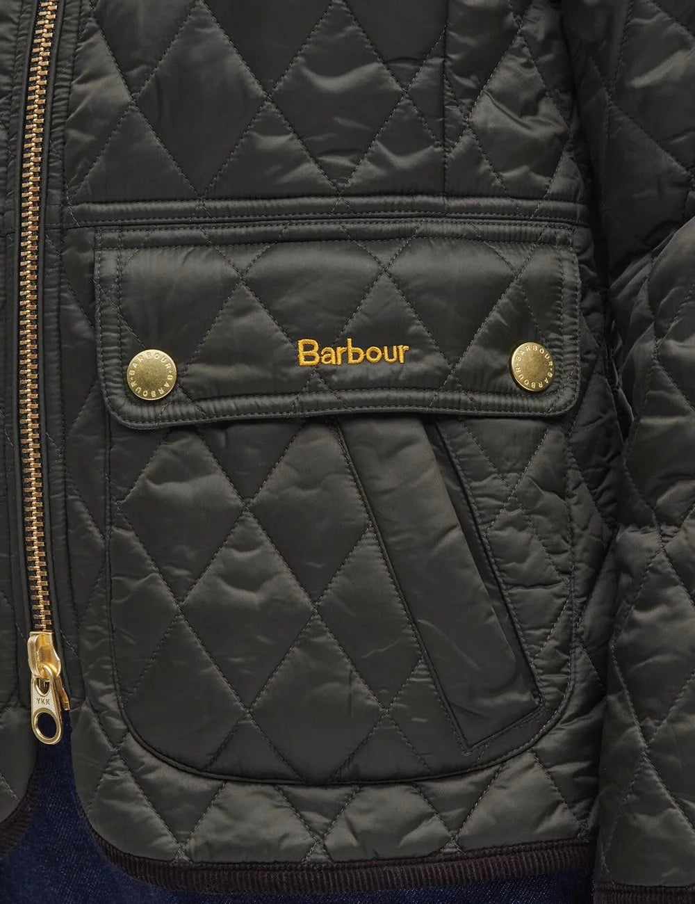 Women's Barbour dark olive fitted quilted jacket with brown corduroy collar and gold-tone zip pocket