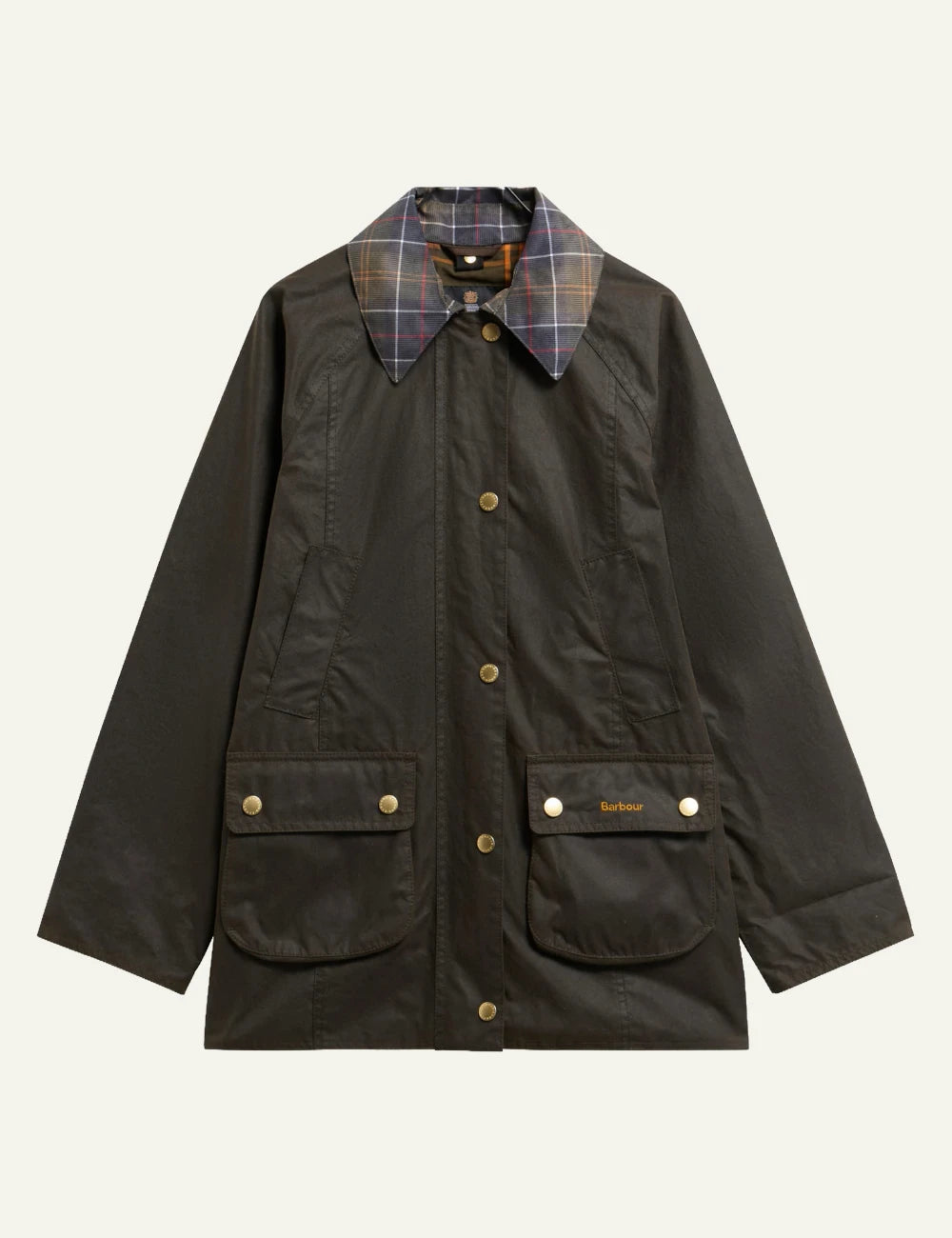 Barbour women's dark olive waxed cotton jacket with tartan collar