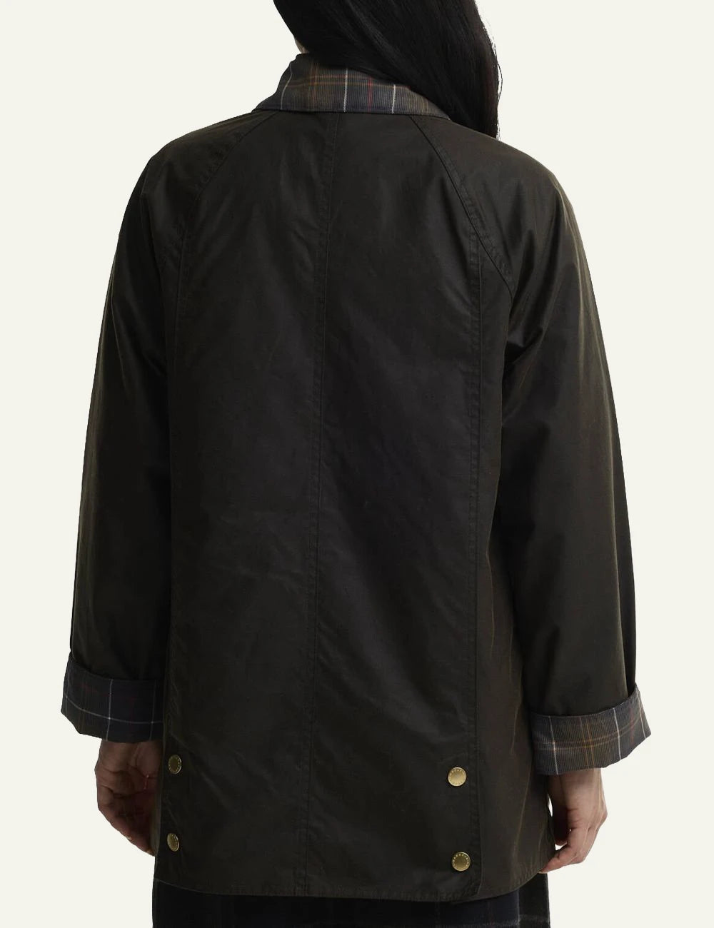 Barbour women's dark olive waxed cotton jacket with tartan collar back