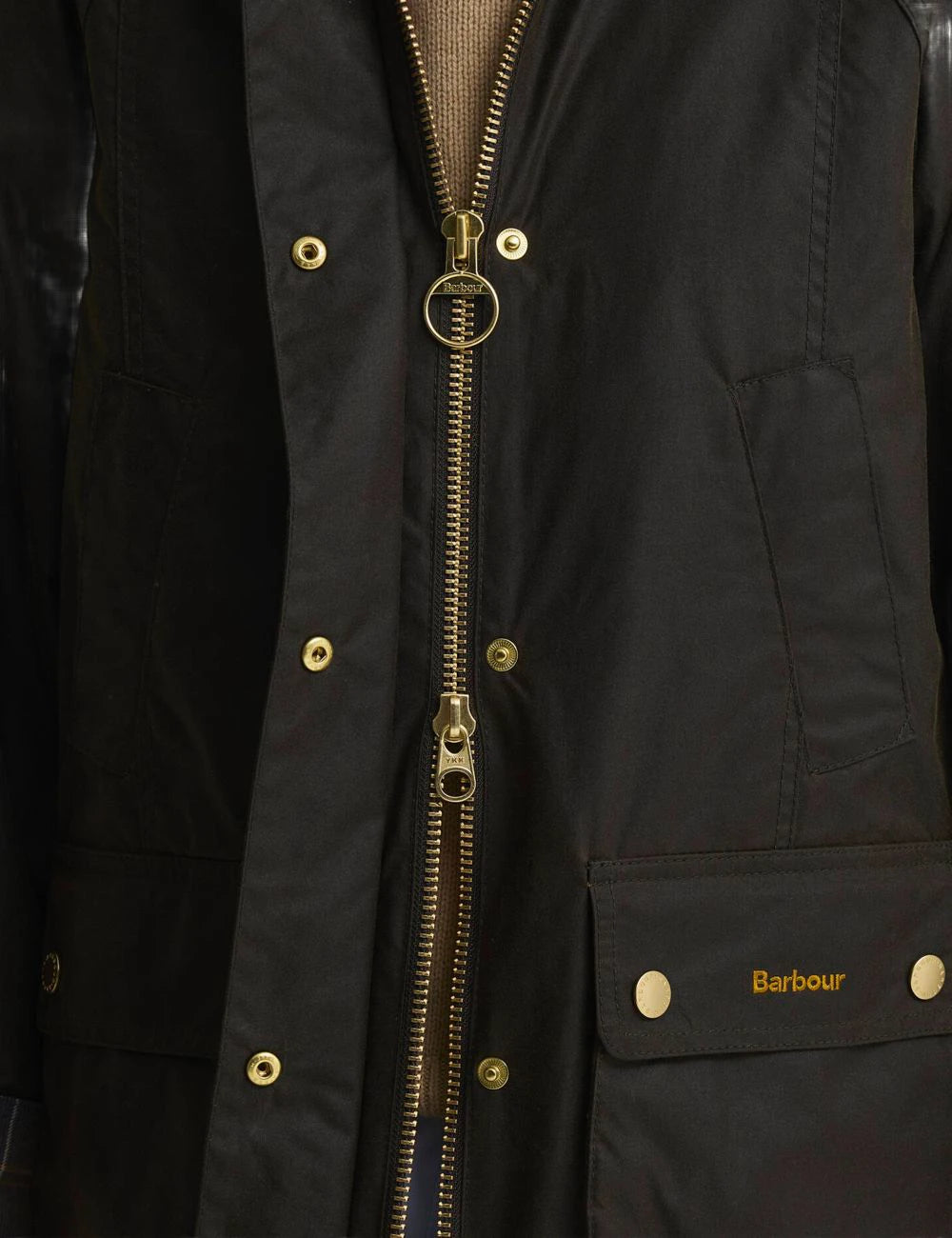 Barbour women's dark olive waxed cotton jacket with tartan collar detail