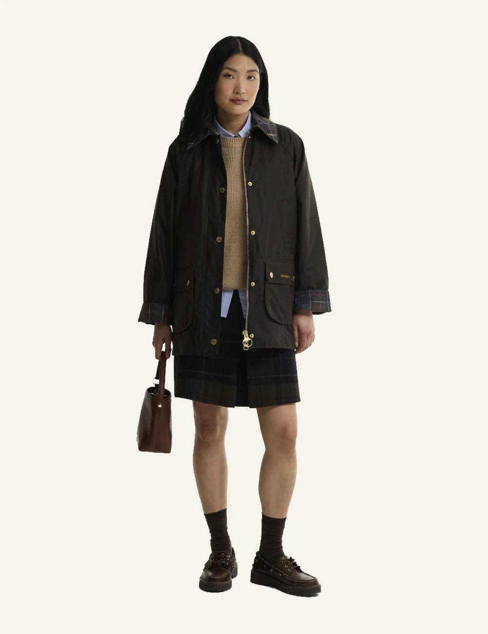Barbour women's dark olive waxed cotton jacket with tartan collar full body
