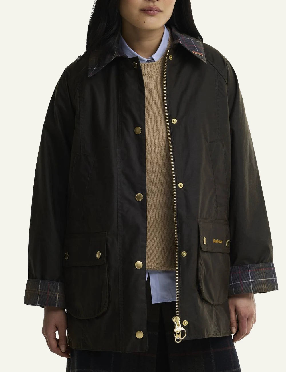 Barbour women's dark olive waxed cotton jacket with tartan collar model