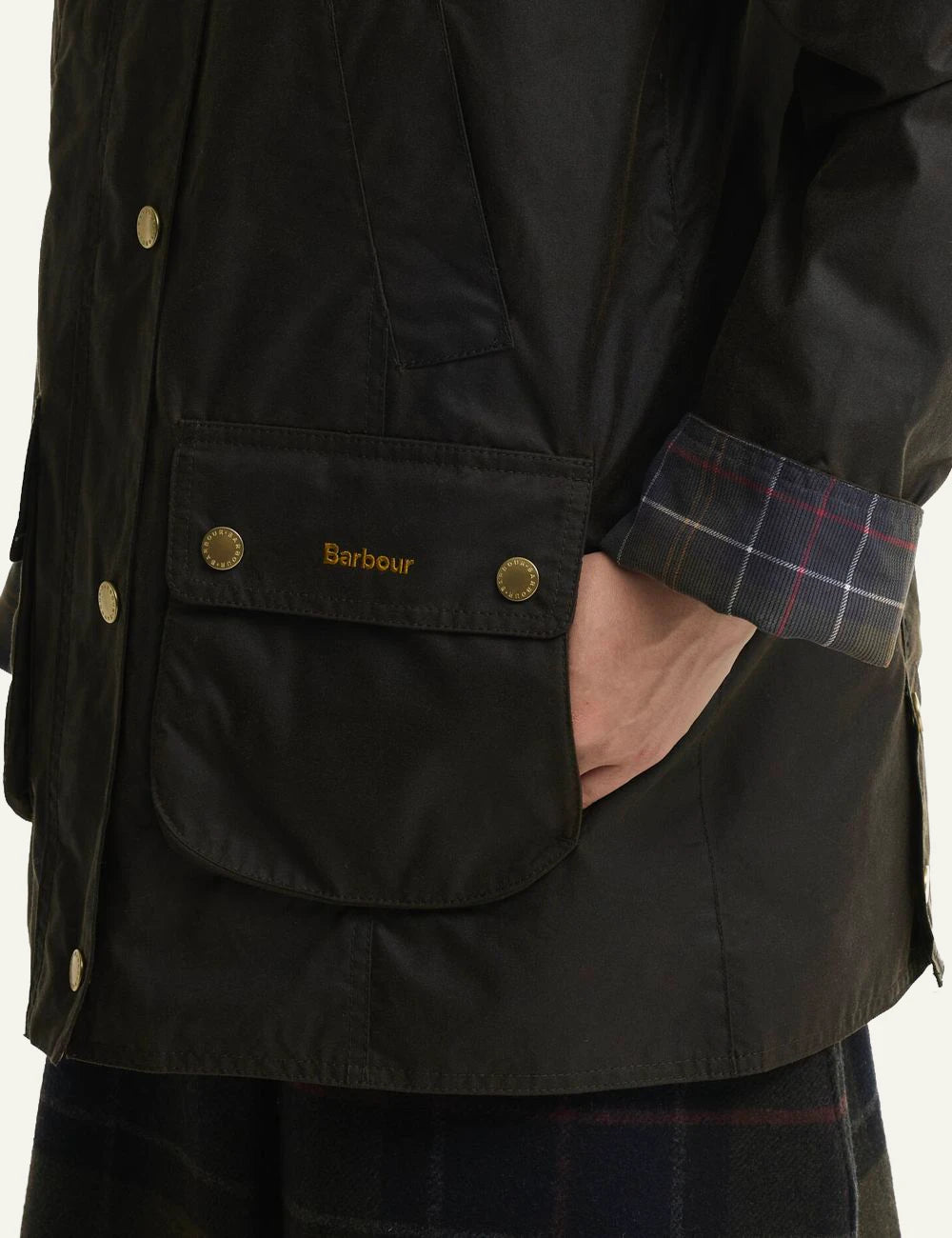 Barbour women's dark olive waxed cotton jacket with tartan collar side detail