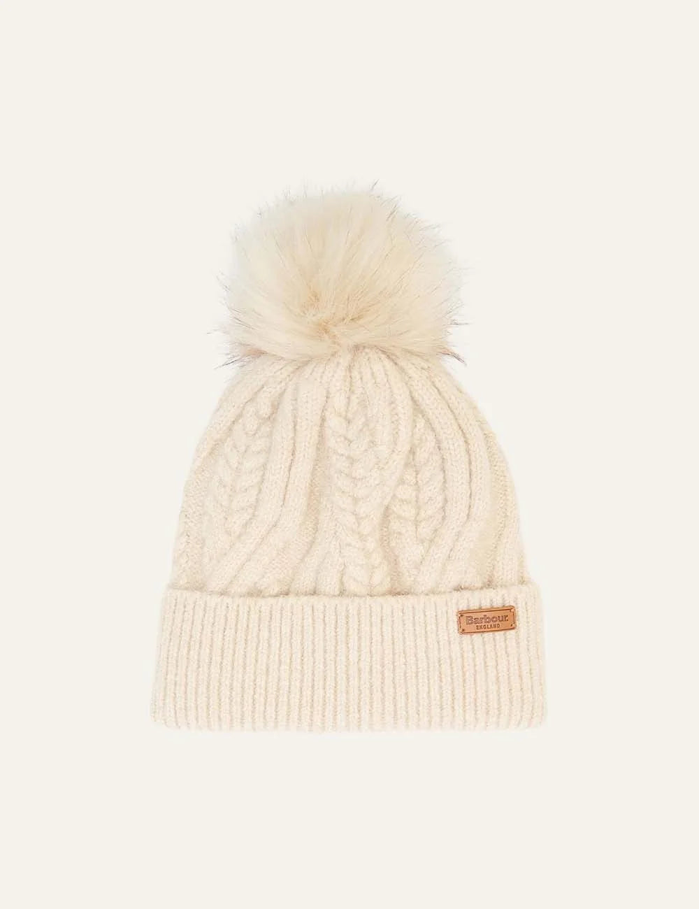 Barbour women's ecru cable knit beanie with faux fur pom pom and ribbed turn-up cuff