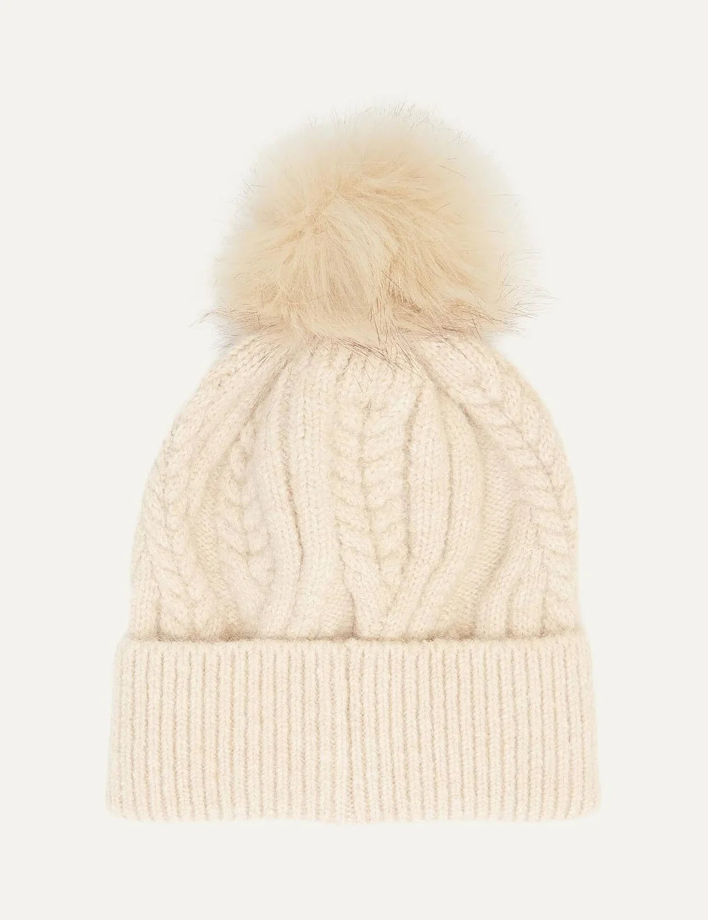 Barbour women's ecru cable knit beanie with faux fur pom pom and ribbed turn-up cuff back