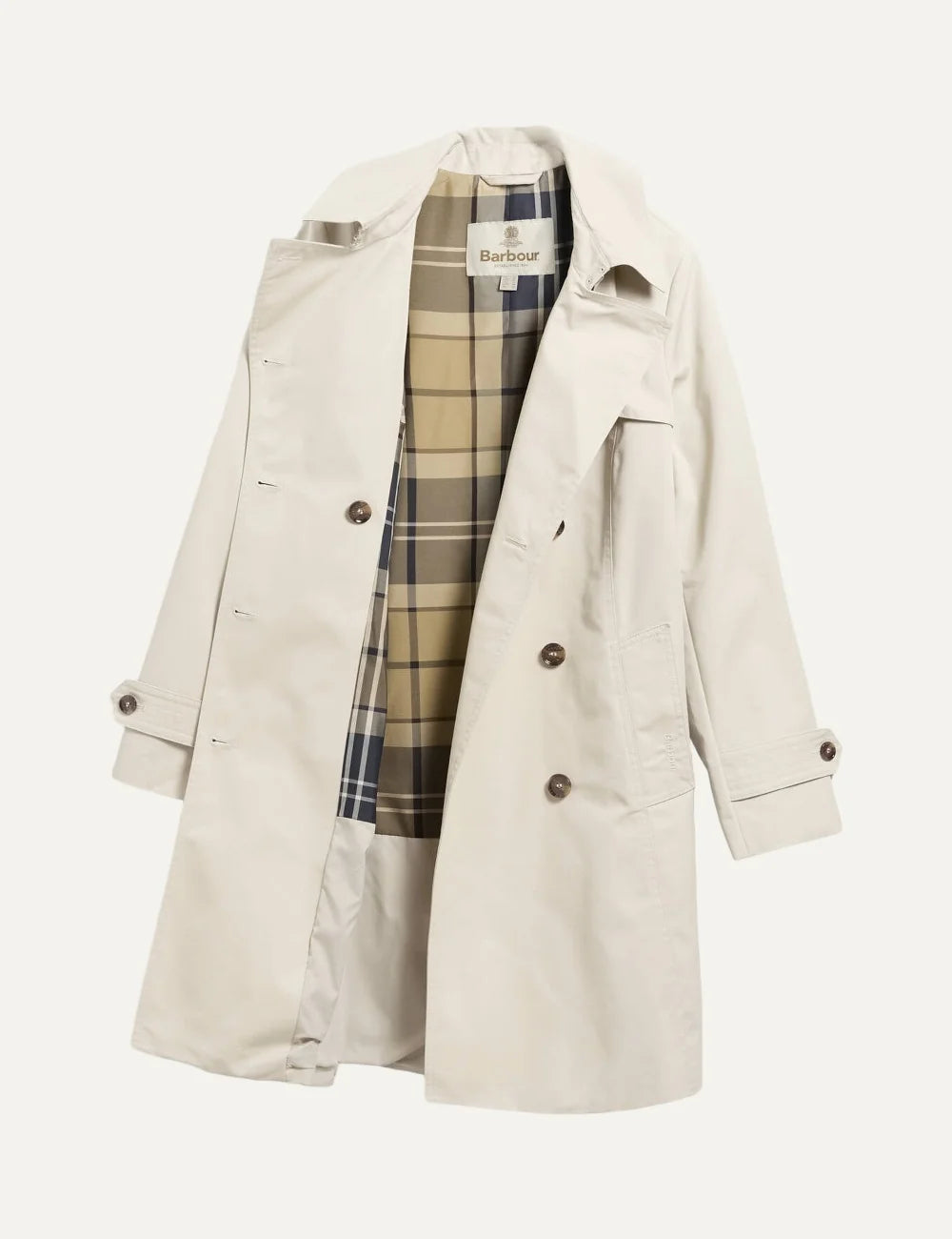 Barbour women's ecru short showerproof trench coat with tartan lining and double breasted button fastening