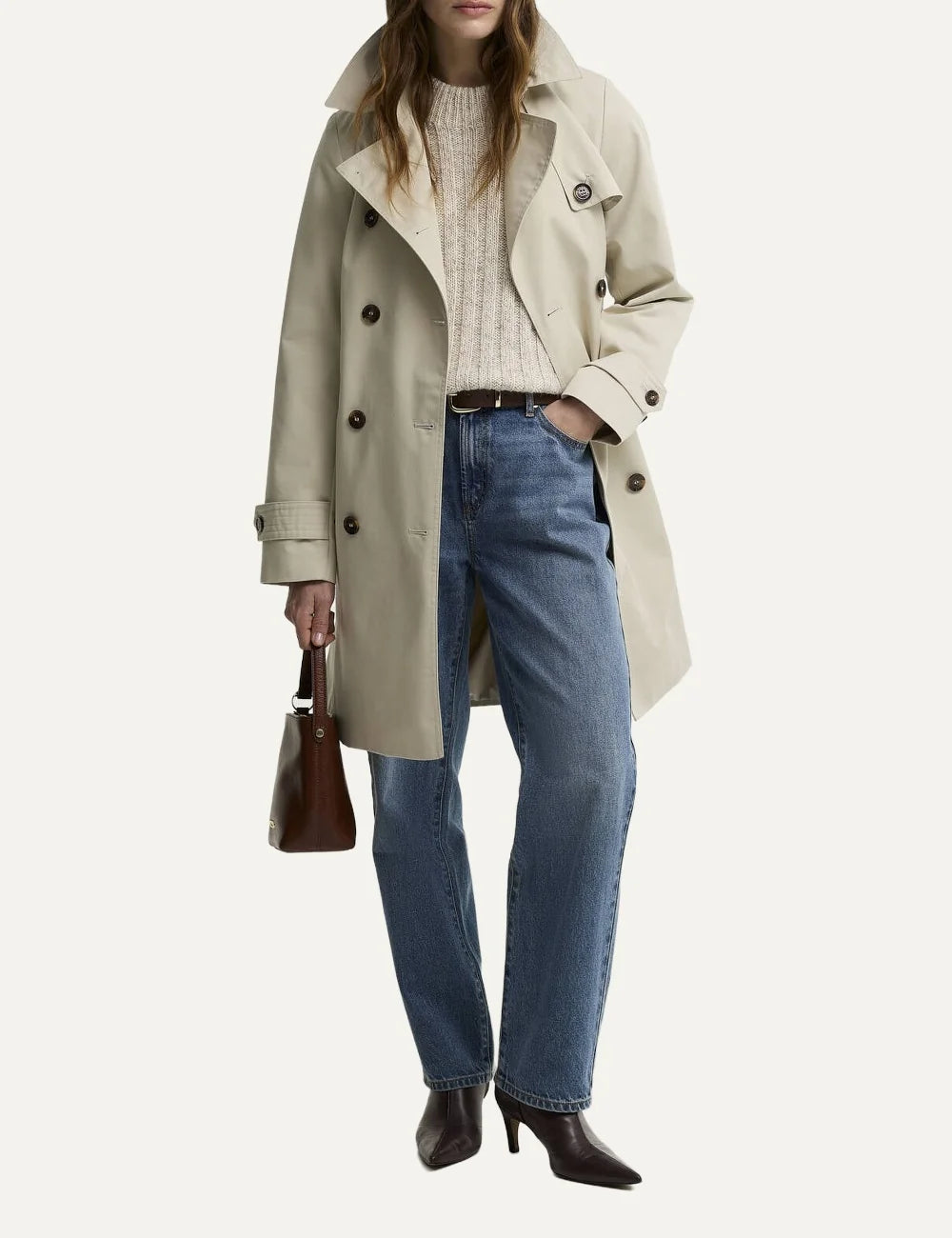 Barbour women's ecru short showerproof trench coat with tartan lining and double breasted button fastening full body