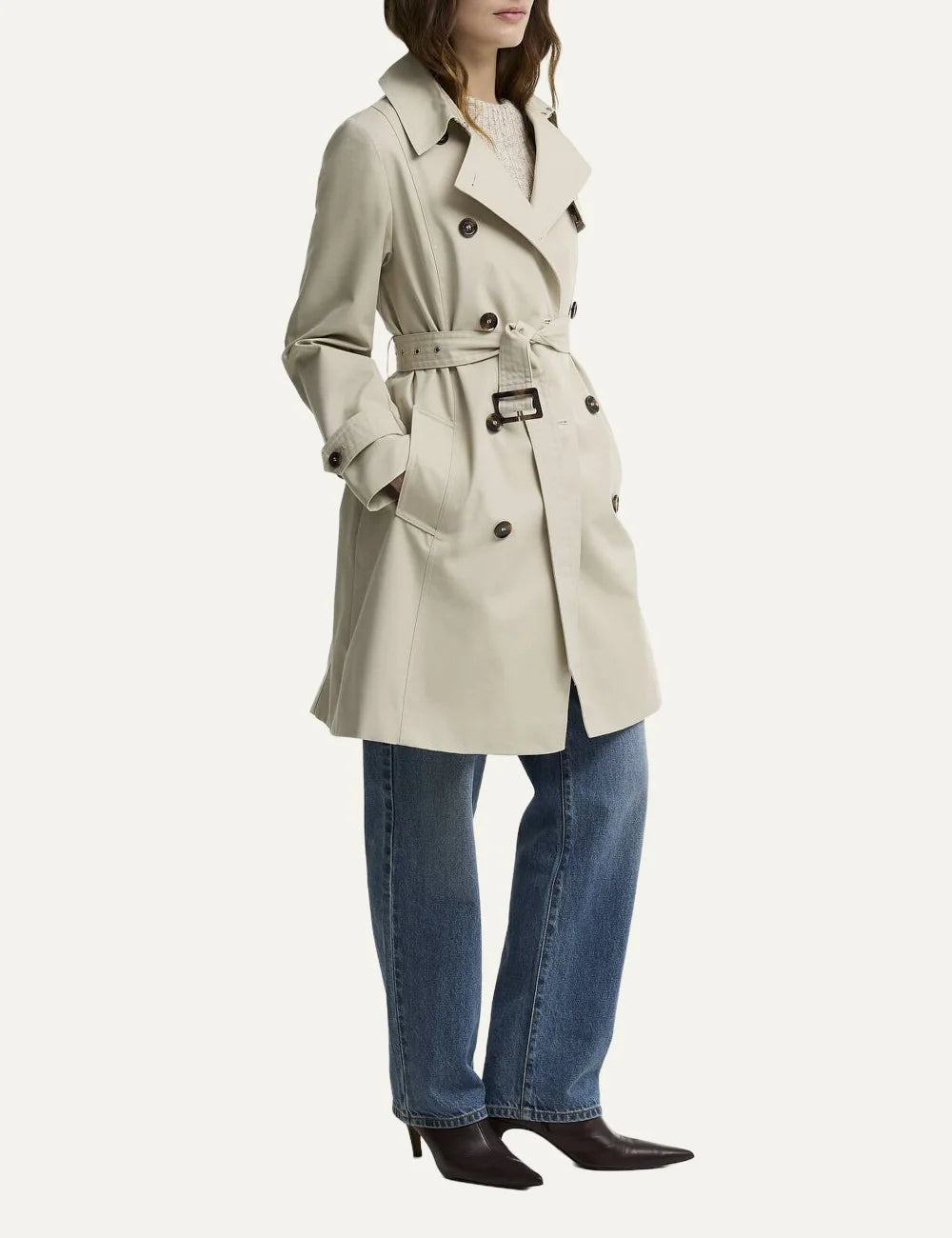Barbour women's ecru short showerproof trench coat with tartan lining and double breasted button fastening side