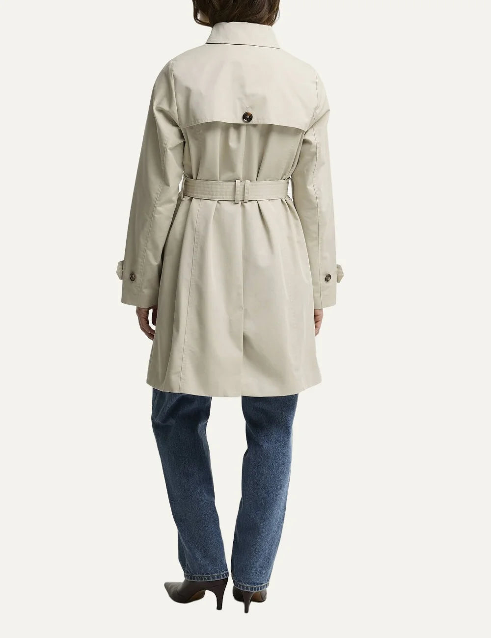 Barbour women's ecru short showerproof trench coat with tartan lining and double breasted button fastening back