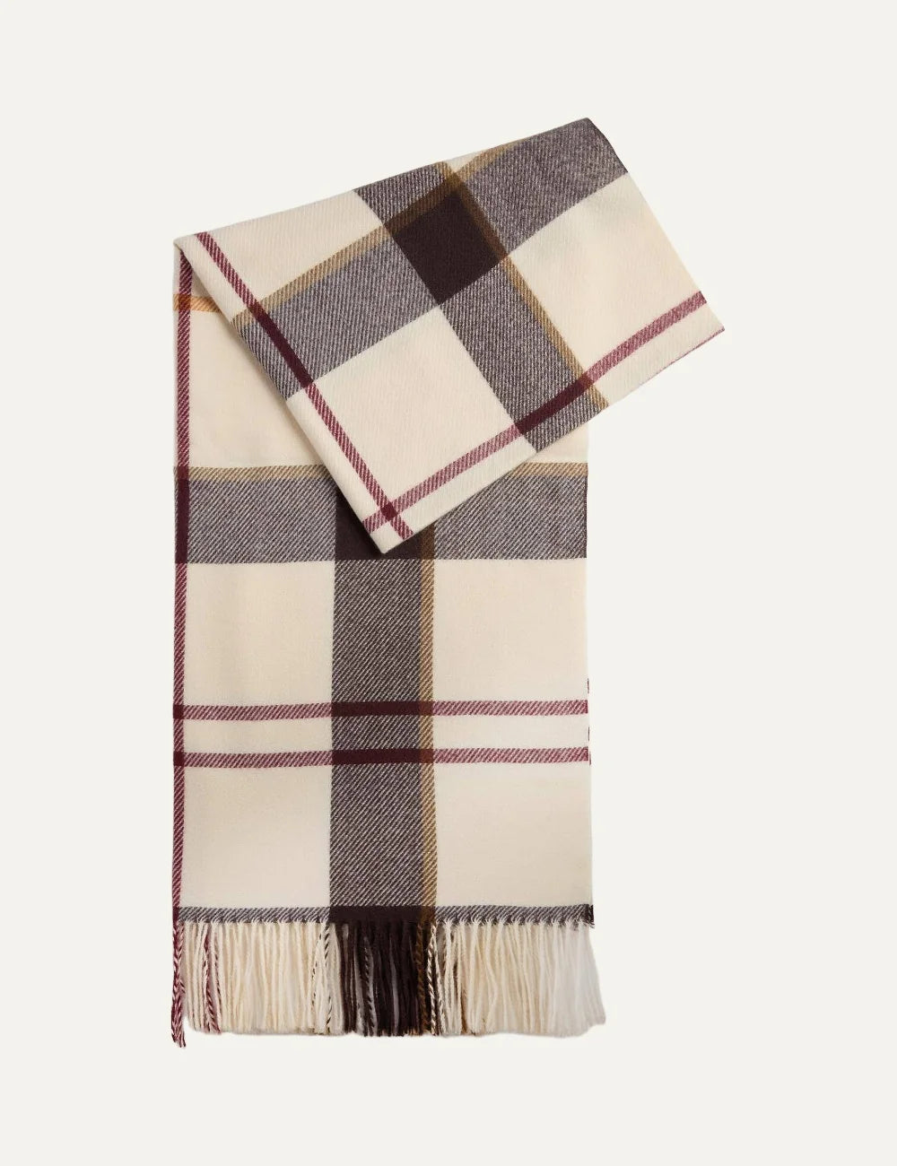 Barbour women's ecru tartan scarf with brown and burgundy checks and fringe trims