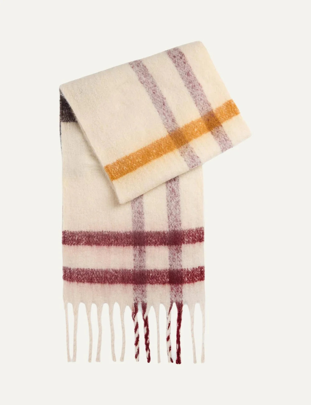 Barbour women's ecru tartan scarf with burgundy and orange checks and oversized tassels