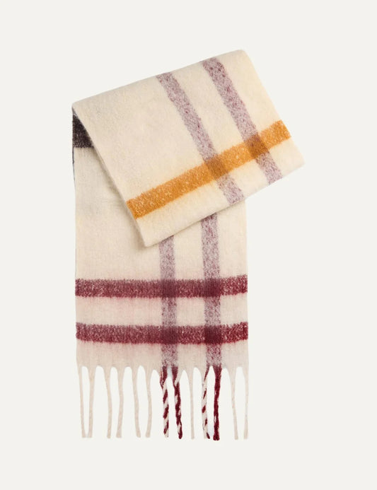 Barbour women's ecru tartan scarf with burgundy and orange checks and oversized tassels