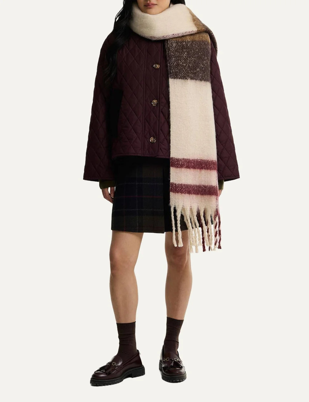 Barbour women's ecru tartan scarf with burgundy and orange checks and oversized tassels full body