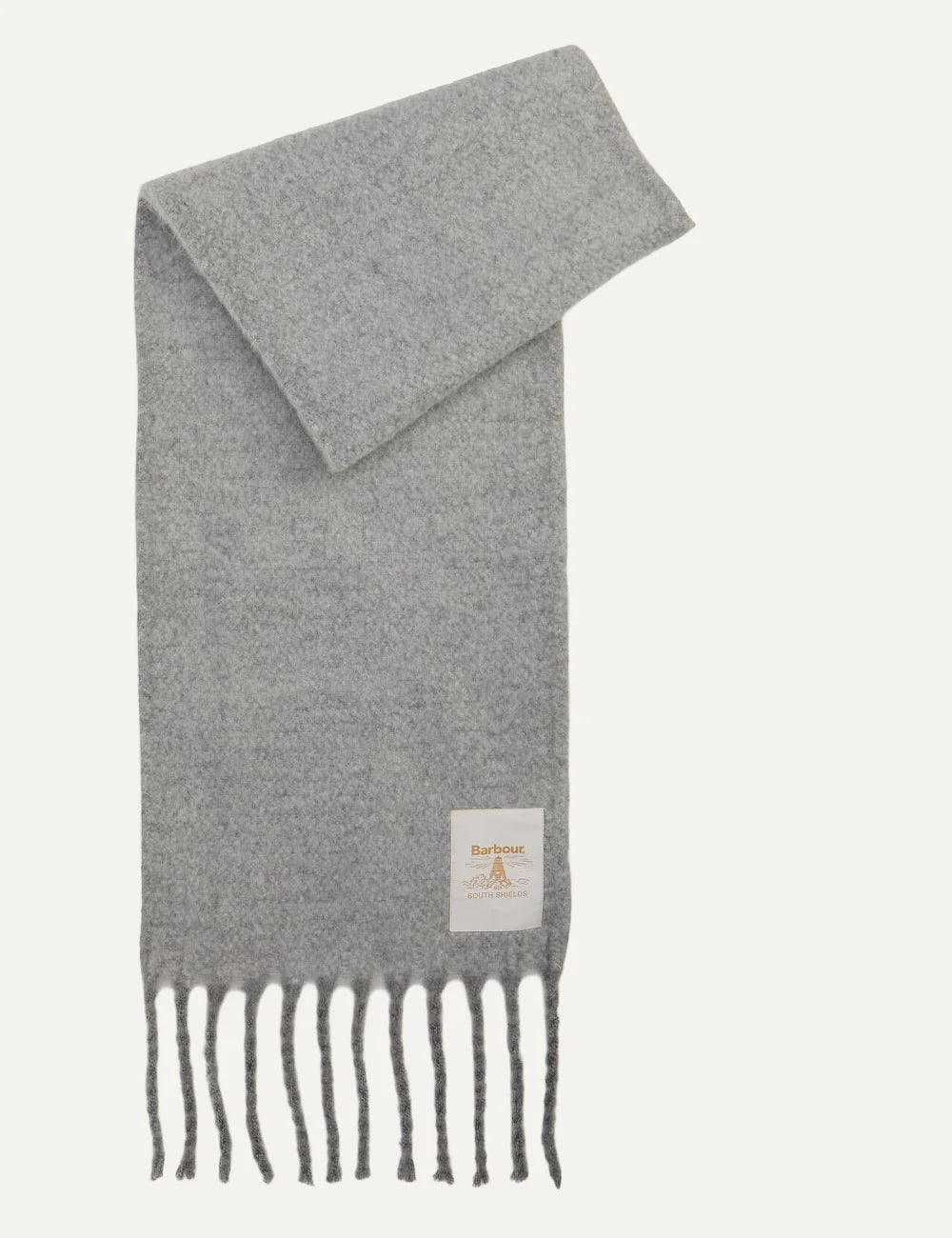 Barbour women's grey felted scarf with fringe trims and oversized Beacon logo label