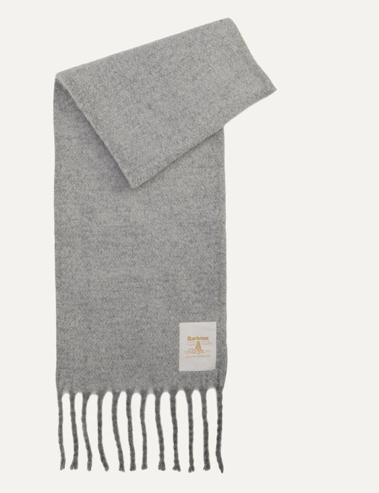 Barbour women's grey felted scarf with fringe trims and oversized Beacon logo label