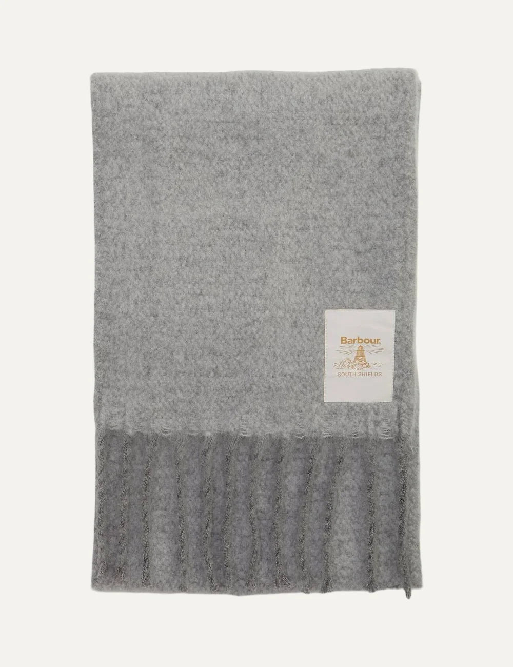 Barbour women's grey felted scarf with fringe trims and oversized Beacon logo label detail