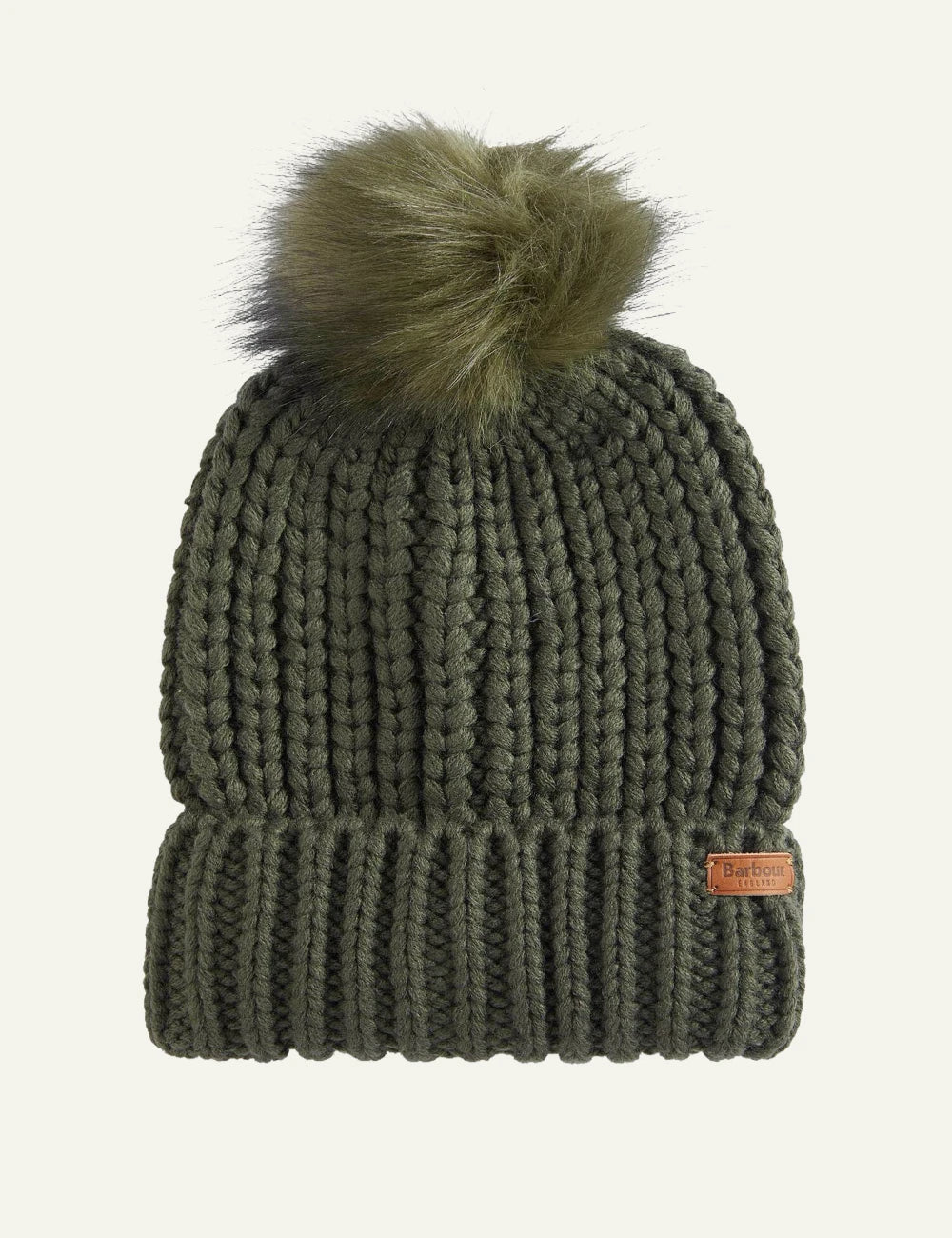Barbour women's khaki chunky knit beanie with faux fur pom pom