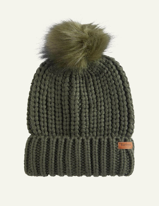 Barbour women's khaki chunky knit beanie with faux fur pom pom
