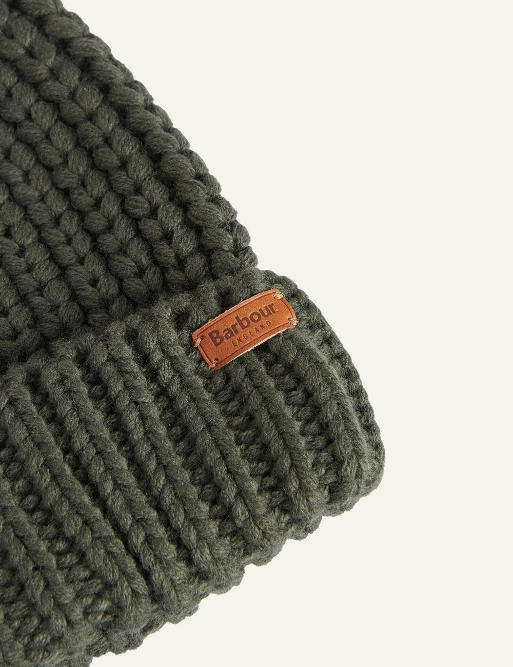 Barbour women's khaki chunky knit beanie with faux fur pom pom detail