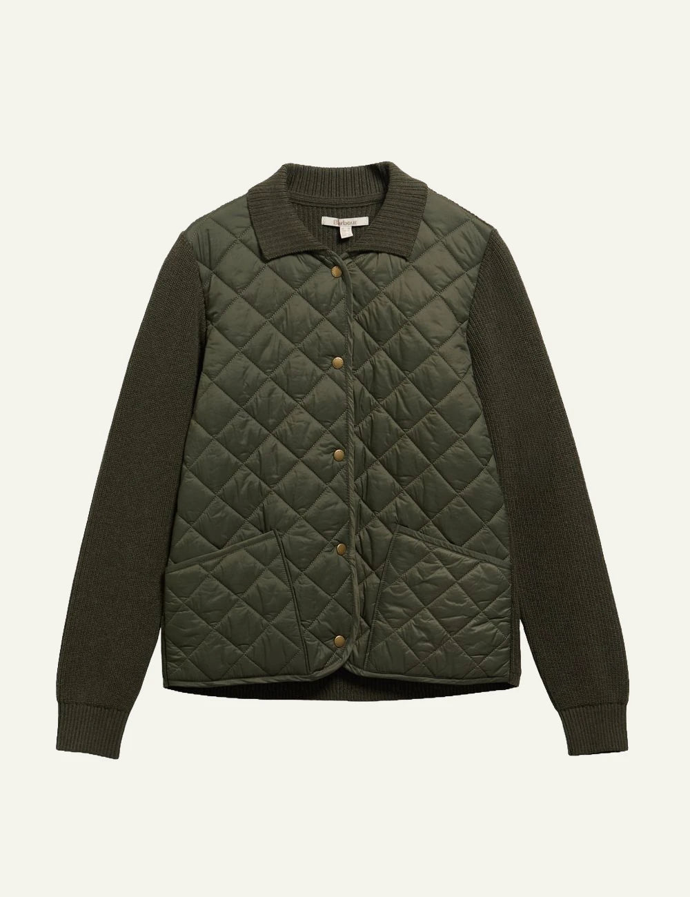 Women's Barbour khaki quilted jacket with knitted sleeves and front pockets