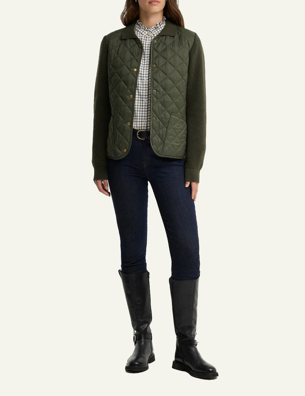 Women's Barbour khaki quilted jacket with knitted sleeves and front pockets full body