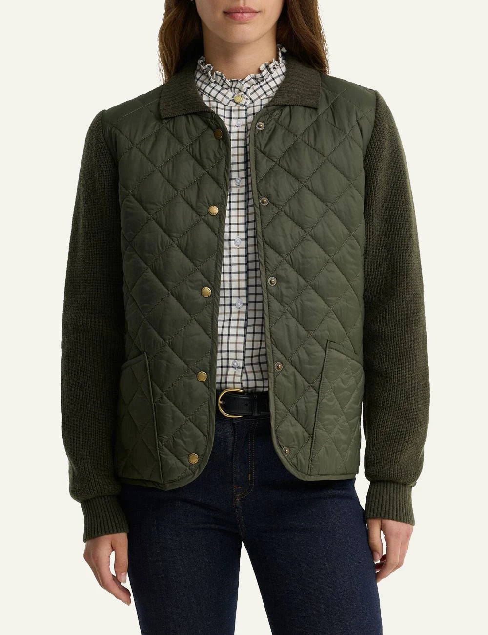 Women's Barbour khaki quilted jacket with knitted sleeves and front pockets model