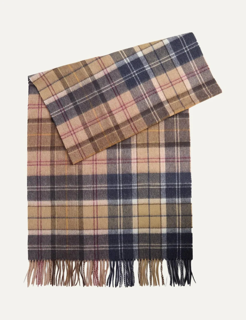 Barbour women's lambswool scarf with beige brown and navy patchwork tartan pattern and fringe trims