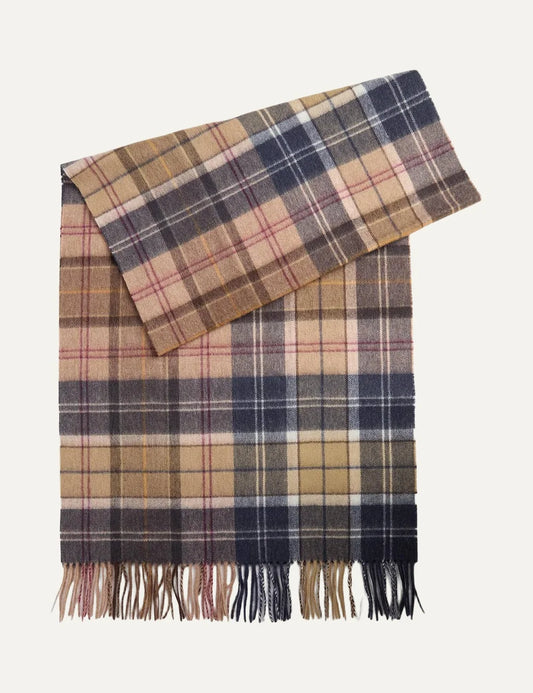 Barbour women's lambswool scarf with beige brown and navy patchwork tartan pattern and fringe trims