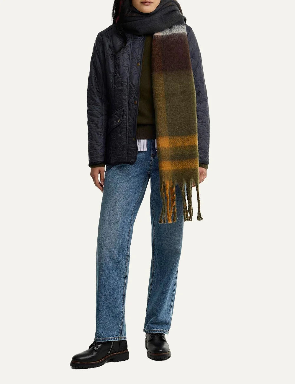 Barbour women's multicolour tartan scarf with oversized tassel fringe full body
