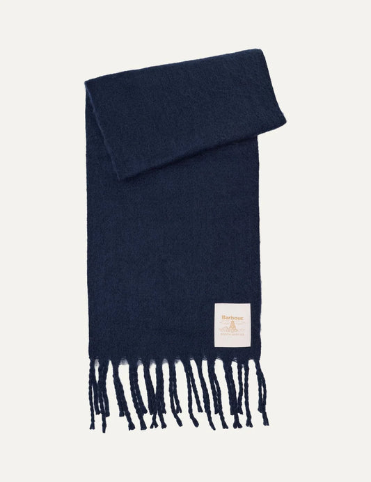 Barbour women's navy blue felted scarf with fringe trims and oversized Beacon logo label