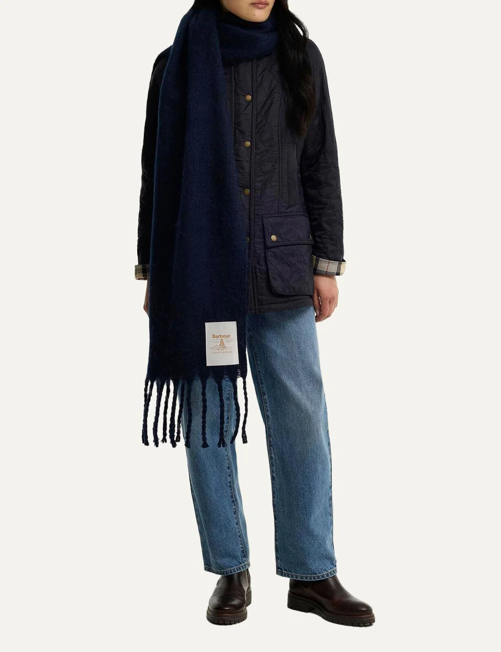 Barbour women's navy blue felted scarf with fringe trims and oversized Beacon logo label model