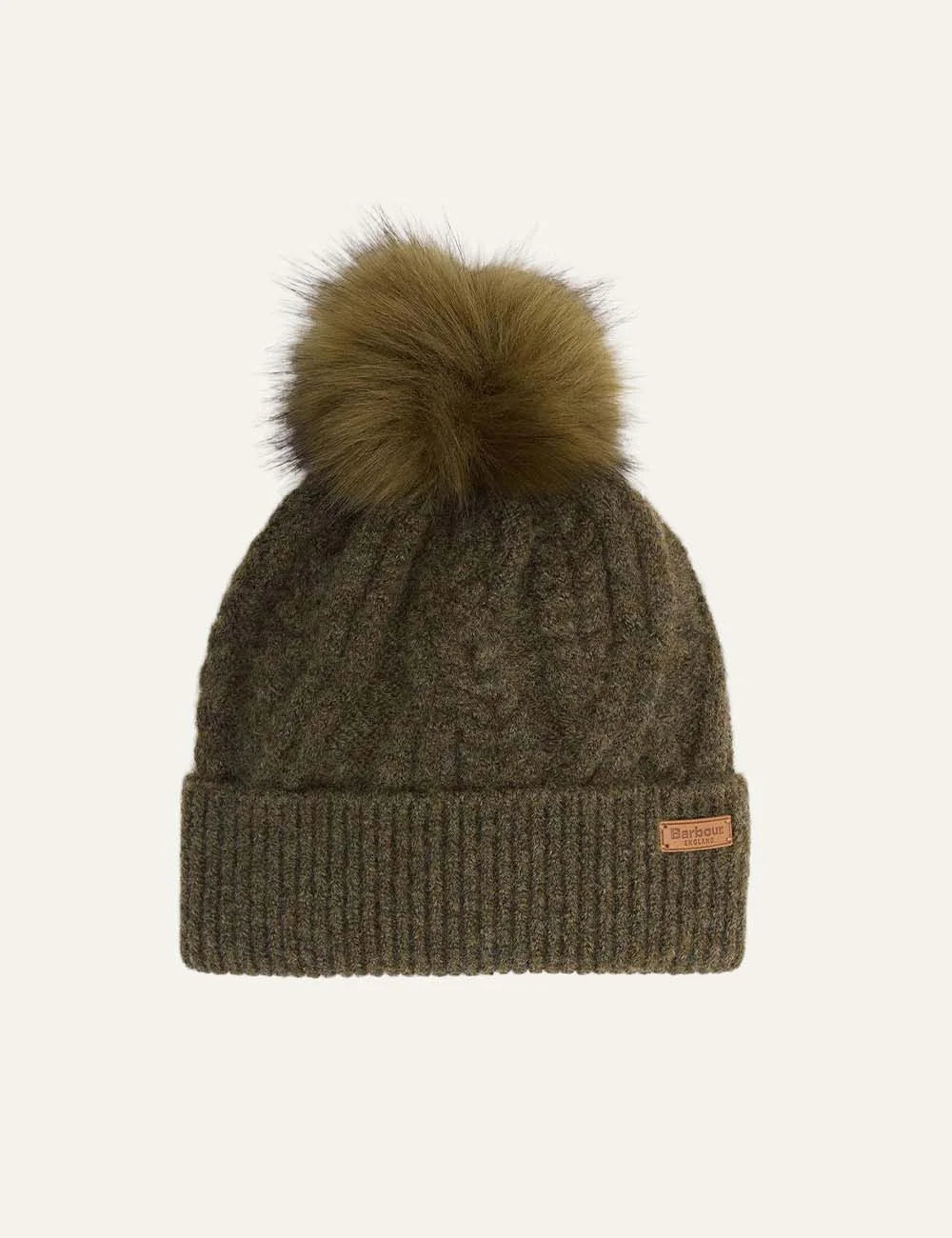 Barbour women's olive cable knit beanie with faux fur pom pom and ribbed turn-up cuff