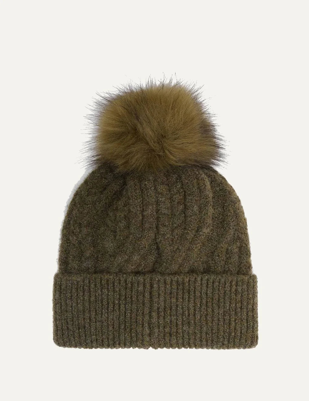 Barbour women's olive cable knit beanie with faux fur pom pom and ribbed turn-up cuff back