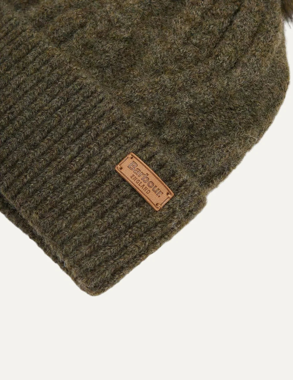Barbour women's olive cable knit beanie with faux fur pom pom and ribbed turn-up cuff detail
