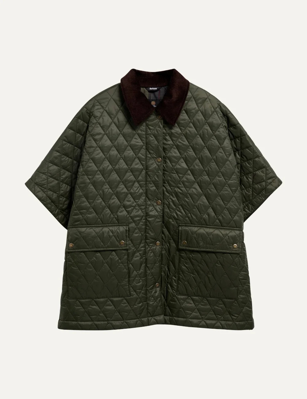 Barbour women's olive quilted cape with brown corduroy collar snap fastening and large patch pockets