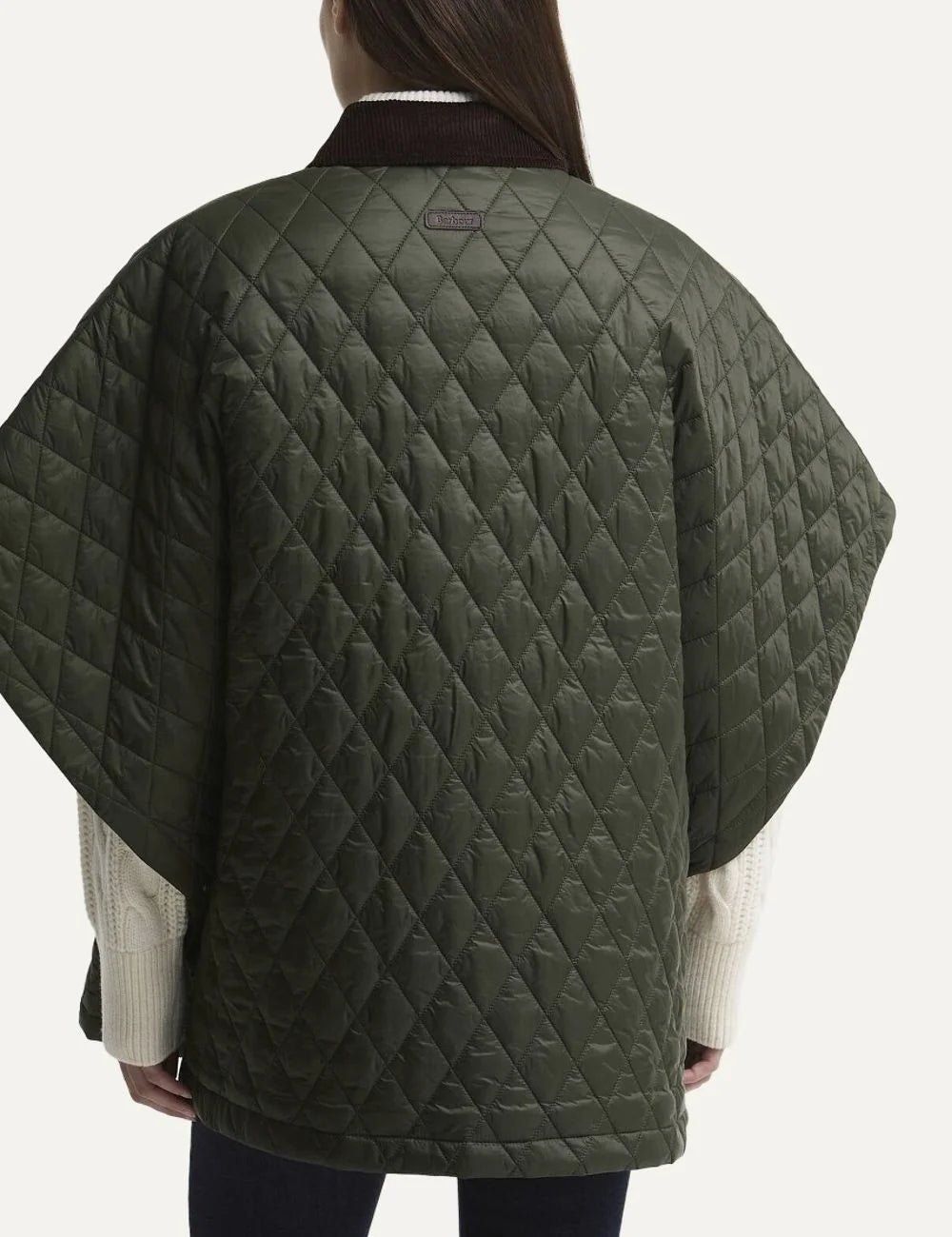 Barbour women's olive quilted cape with brown corduroy collar snap fastening and large patch pockets back
