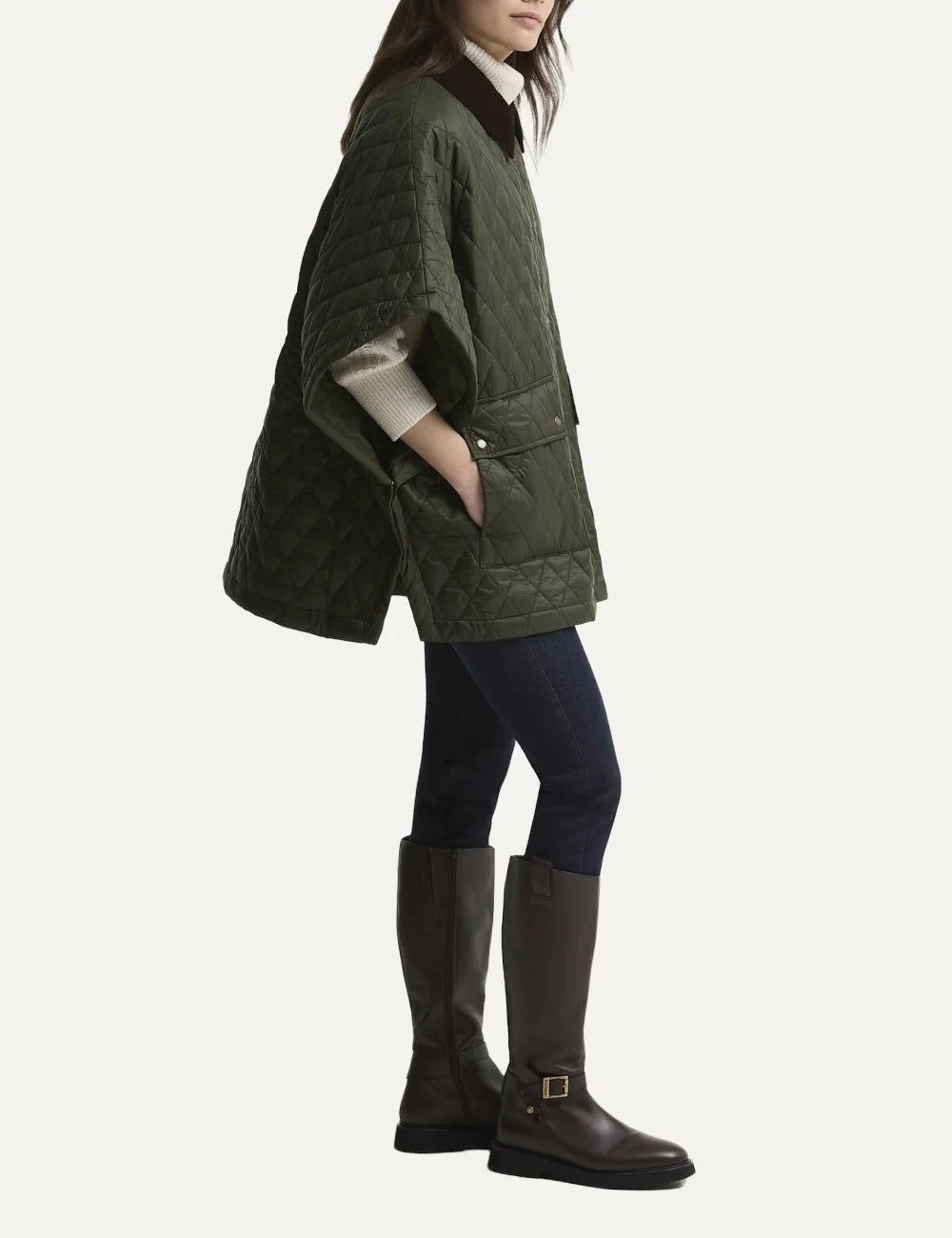 Barbour women's olive quilted cape with brown corduroy collar snap fastening and large patch pockets side