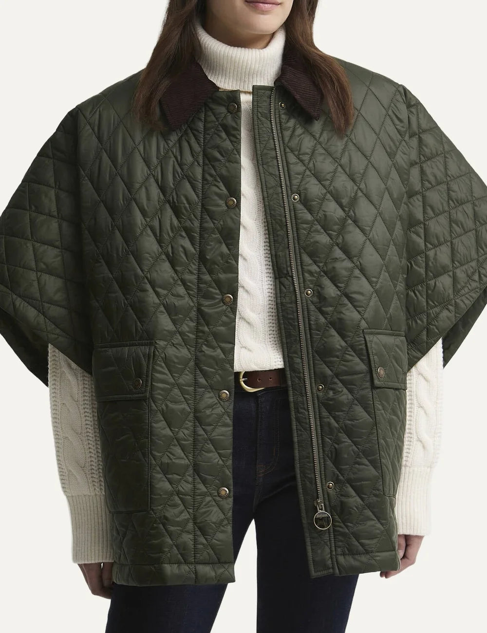 Barbour women's olive quilted cape with brown corduroy collar snap fastening and large patch pockets model