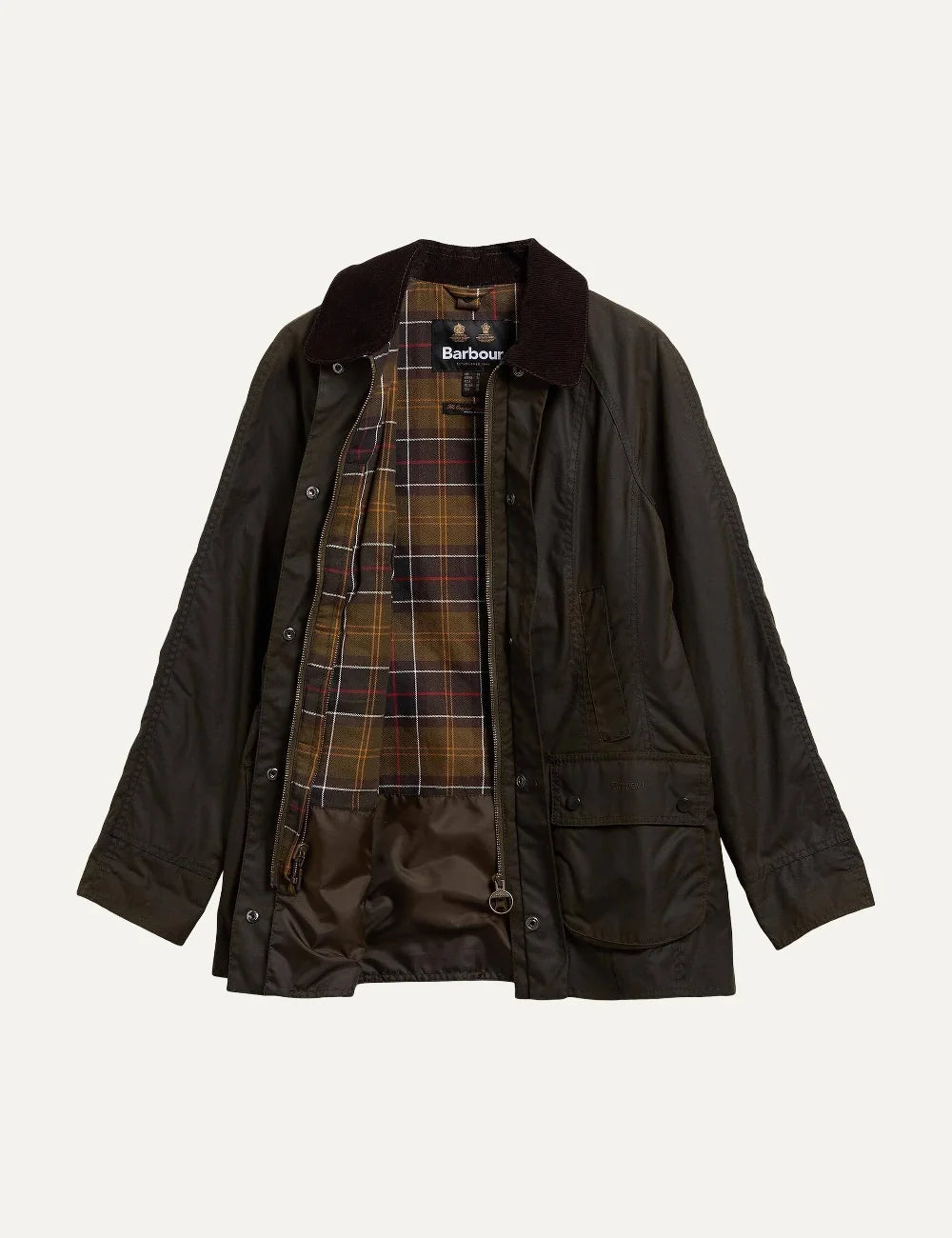 Barbour women's olive waxed cotton jacket with corduroy collar tartan lining and front patch pockets